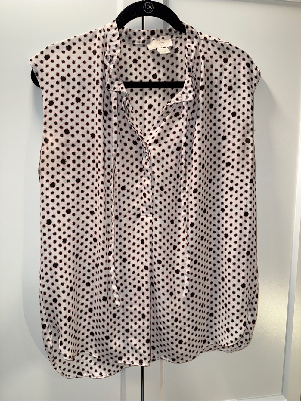 Loft-Sleeveless Polka Dot Tie-Neck Shell Top - White with Black Dots